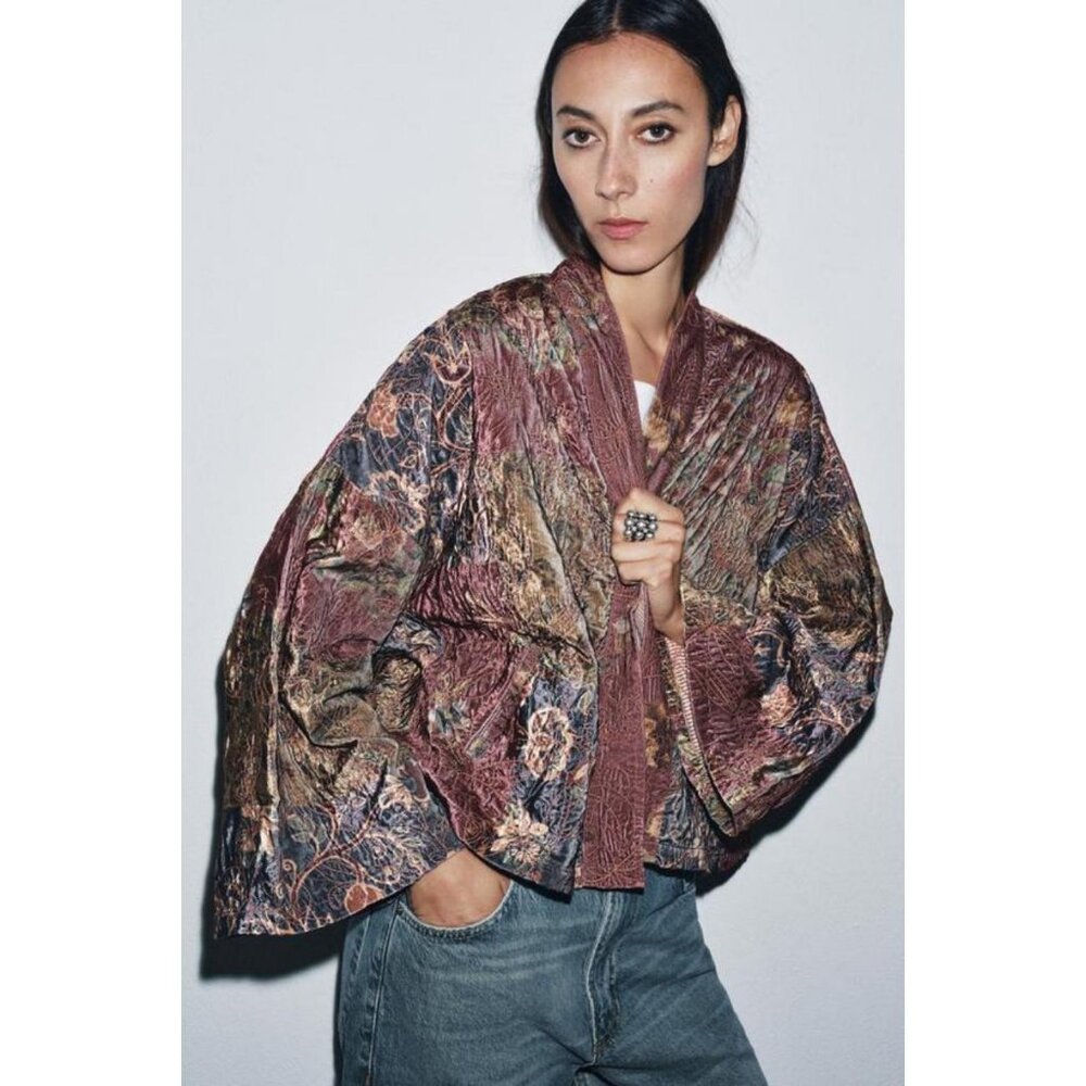 ZARA FLORAL PRINT VELVET KIMONO - Picture 1 of 7